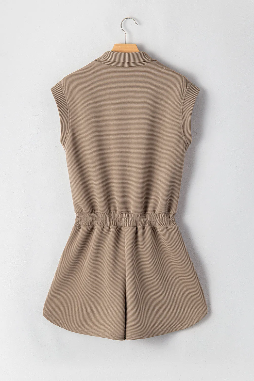 Dark Khaki Textured Short Sleeve Half Zip Drawstring Waist Romper