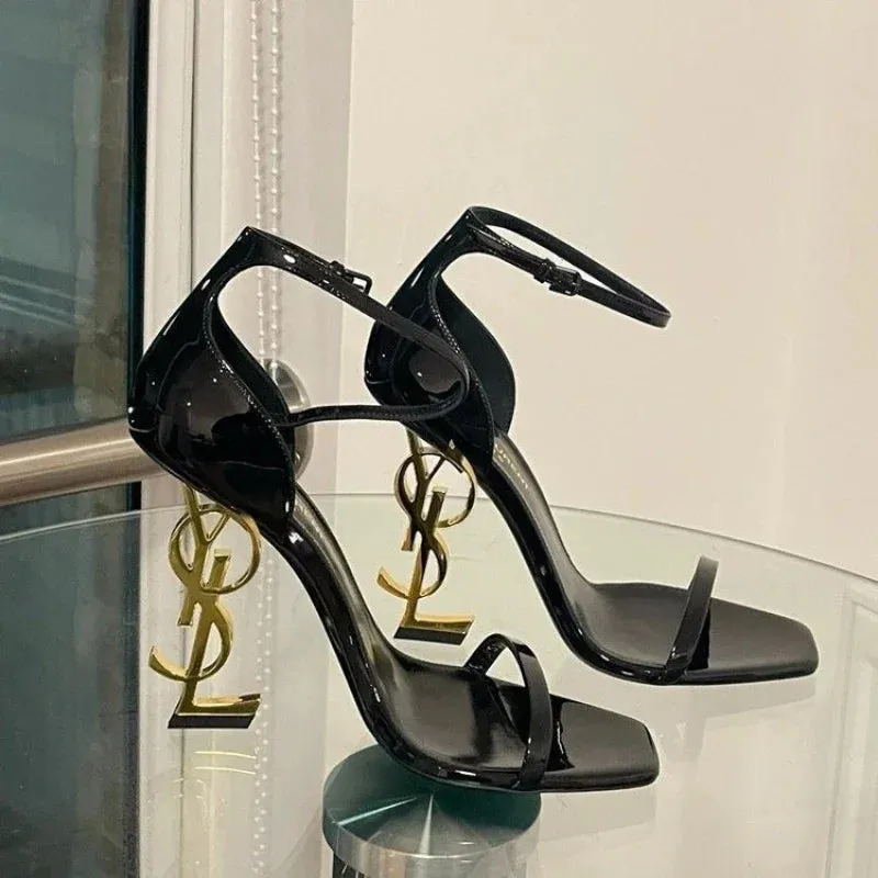 Design Metal Heel Patent Leather Sandals