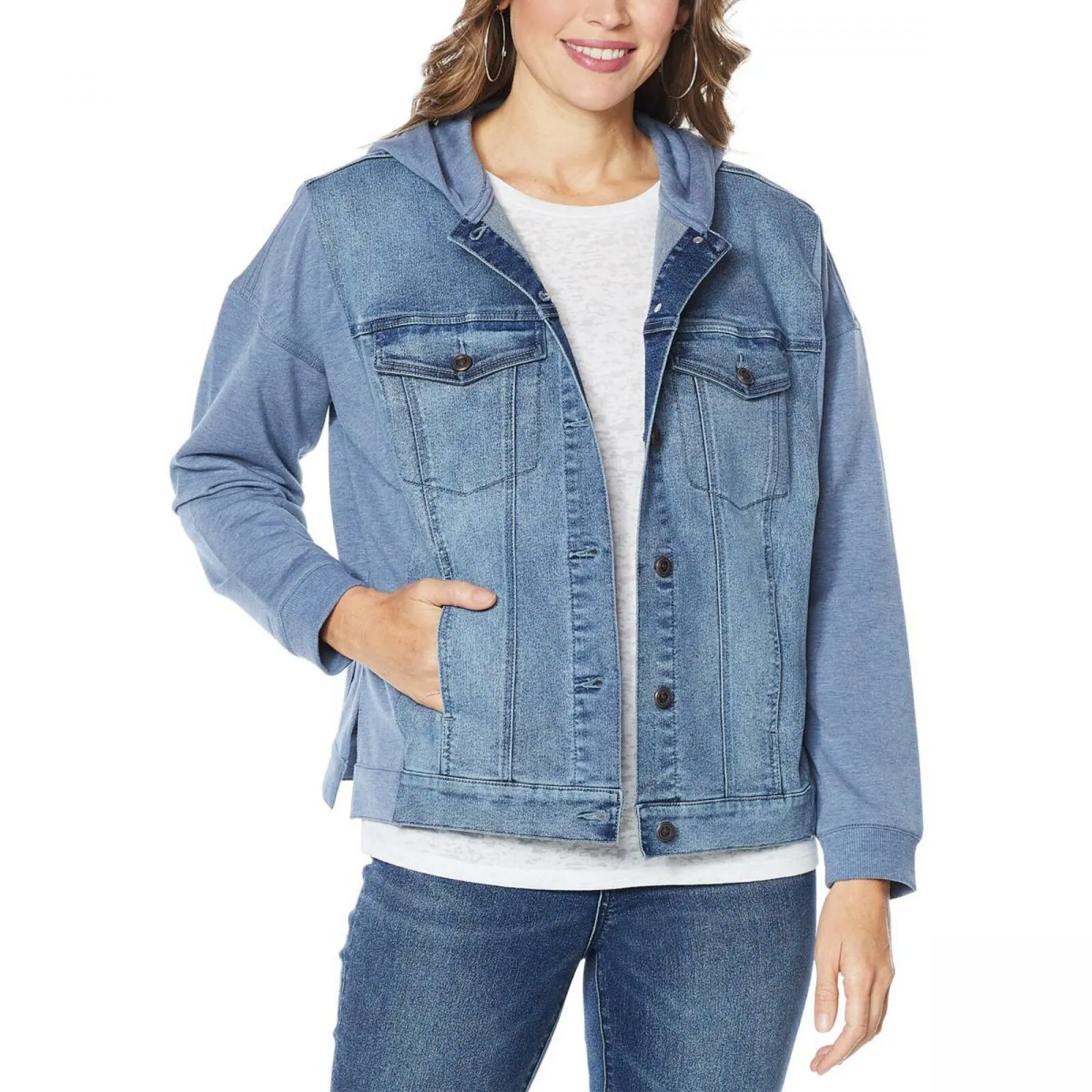 DG2 by Diane Gilman Women's Plus Size French Terry Stretch Denim Jean Jacket