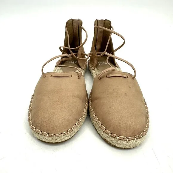 Eileen Fisher Lace D'Orsay Espadrille Flats Latte Tan Nubuck Size 5.5