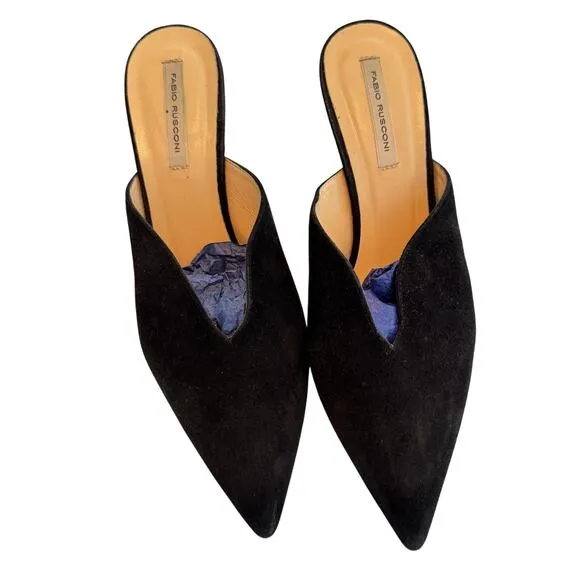Fabio Rusconi black suede metallic heel mules