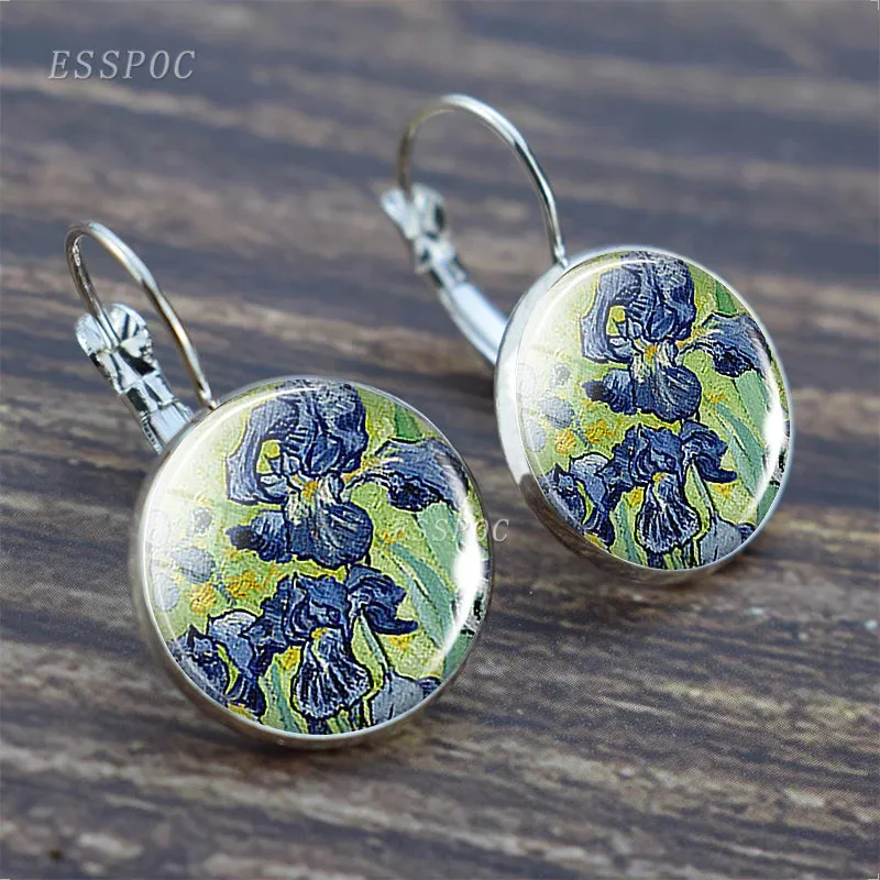 Fashion Silver Color Simple Style Earings Van Gogh Famous Artist Starry Night Stud Earrings Glass Cabochon Jewelry Women Gifts