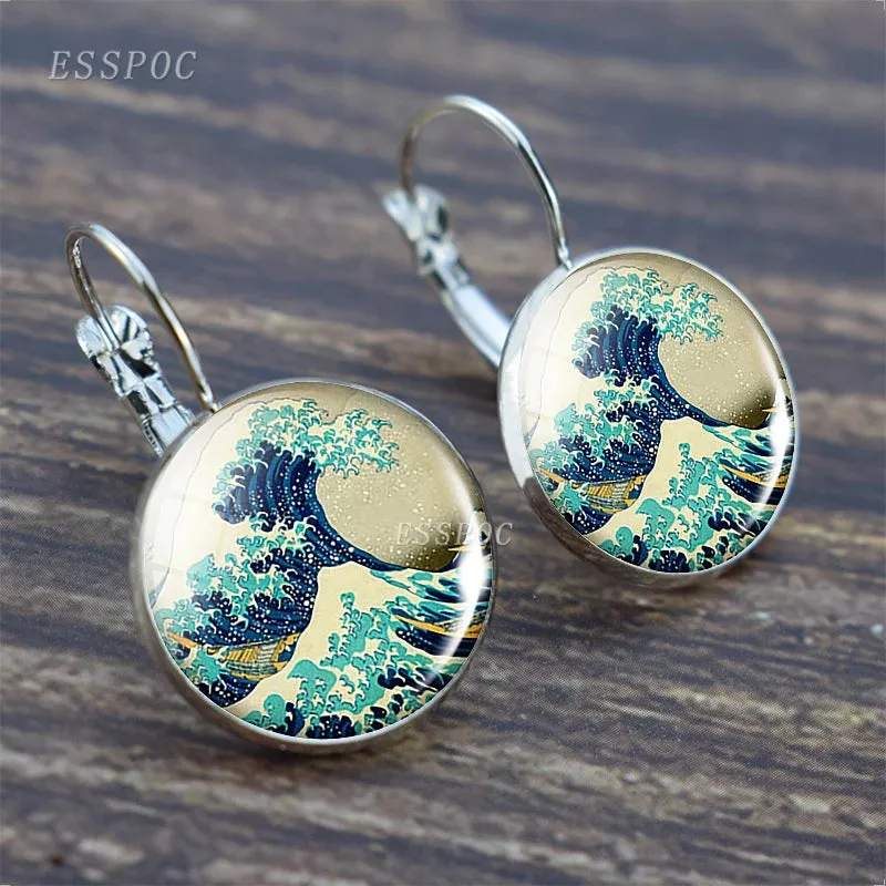 Fashion Silver Color Simple Style Earings Van Gogh Famous Artist Starry Night Stud Earrings Glass Cabochon Jewelry Women Gifts