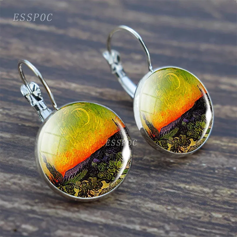 Fashion Silver Color Simple Style Earings Van Gogh Famous Artist Starry Night Stud Earrings Glass Cabochon Jewelry Women Gifts