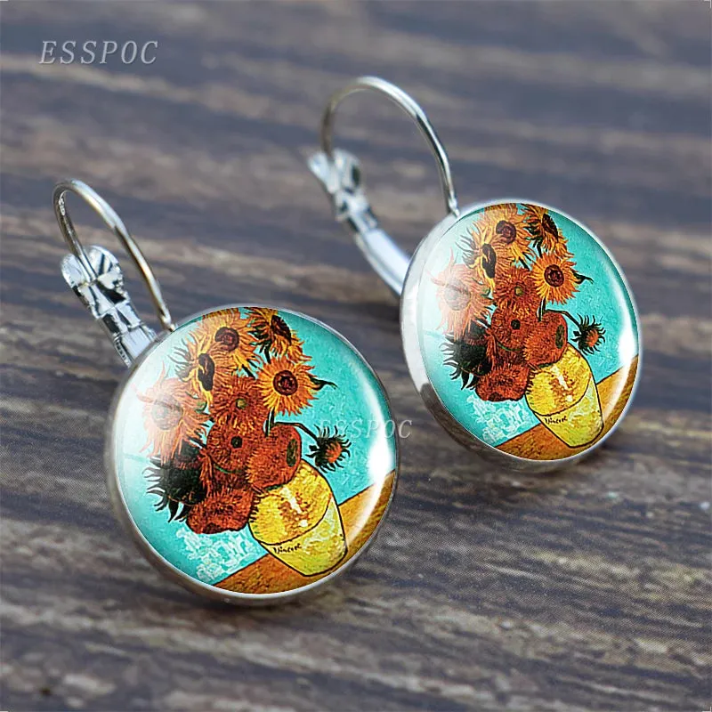Fashion Silver Color Simple Style Earings Van Gogh Famous Artist Starry Night Stud Earrings Glass Cabochon Jewelry Women Gifts