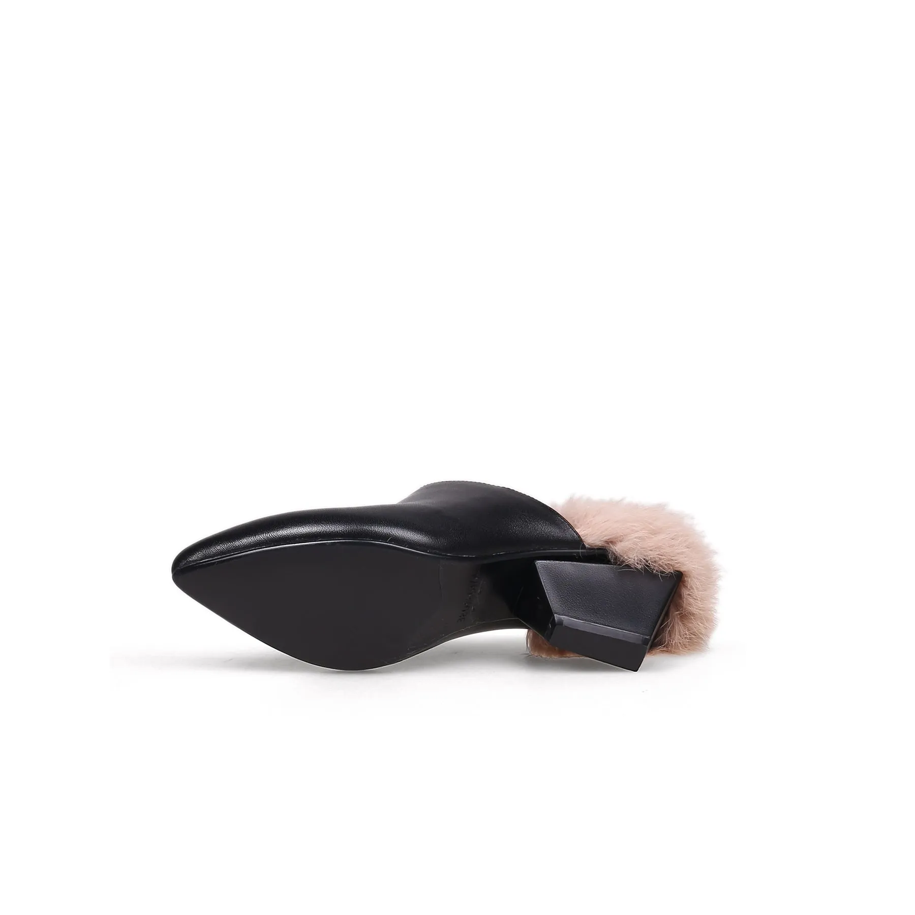 Faux Fur Lined Pointed Leather Mule - Black