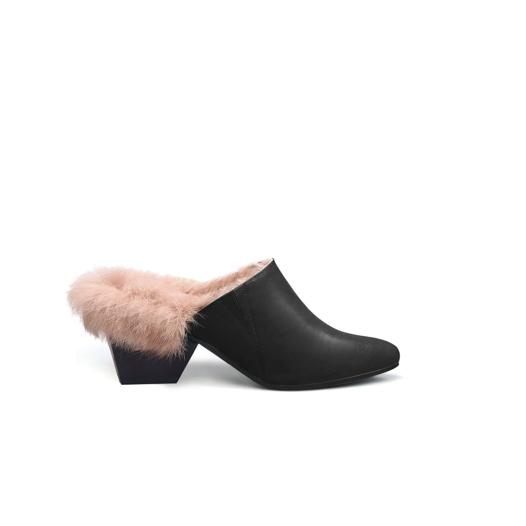 Faux Fur Lined Pointed Leather Mule - Black