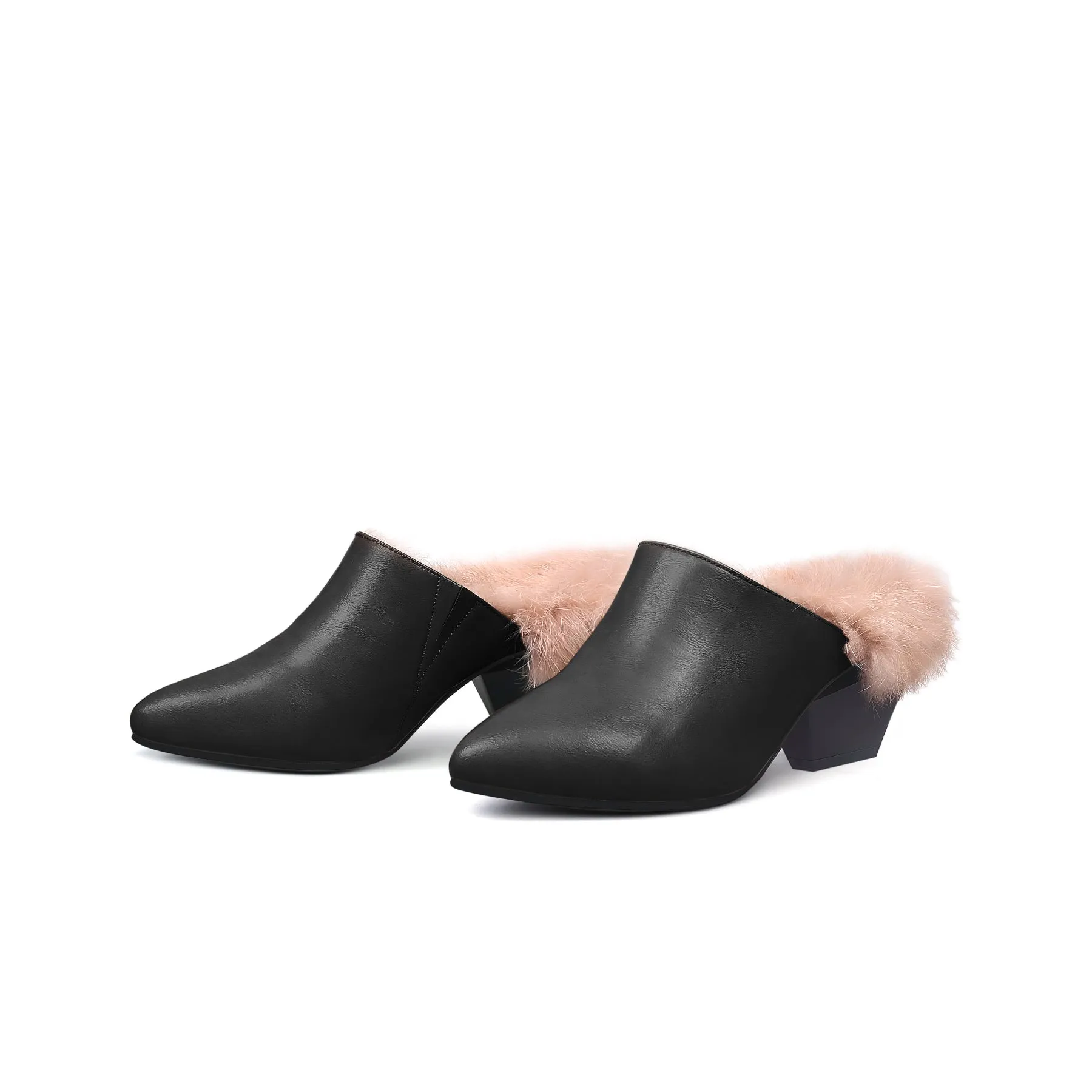 Faux Fur Lined Pointed Leather Mule - Black