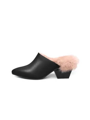 Faux Fur Lined Pointed Leather Mule - Black