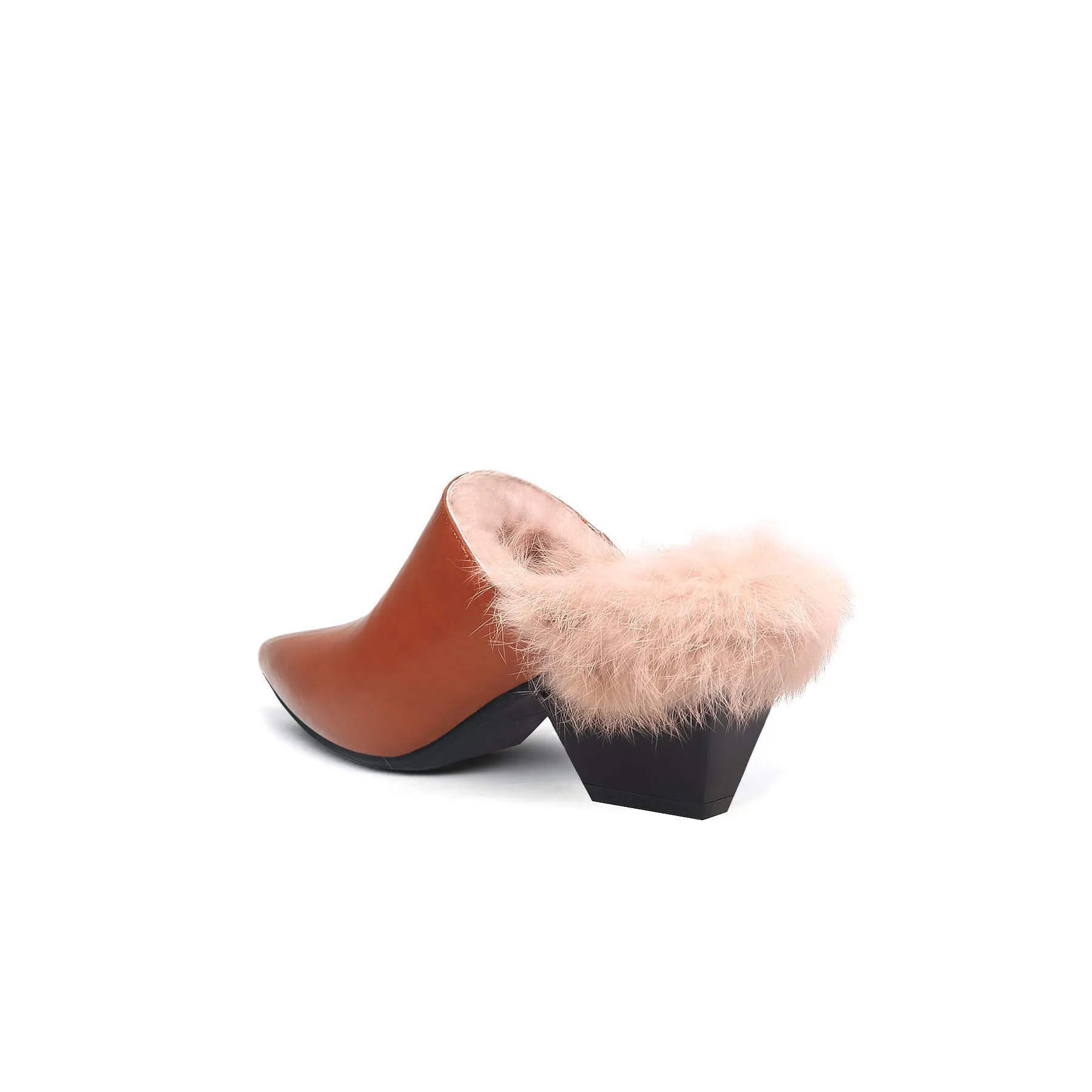 Faux Fur Lined Pointed Leather Mule - Brown