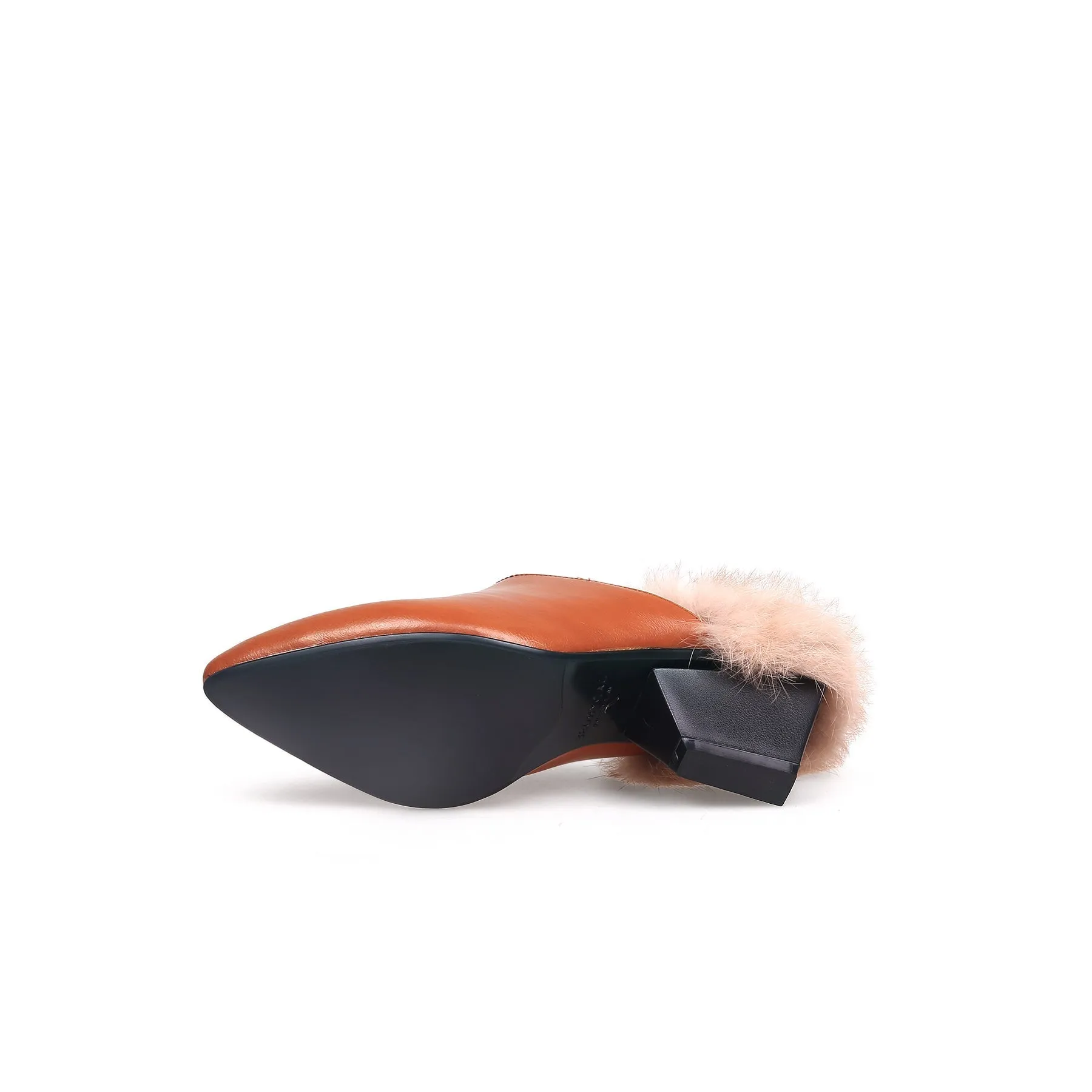 Faux Fur Lined Pointed Leather Mule - Brown