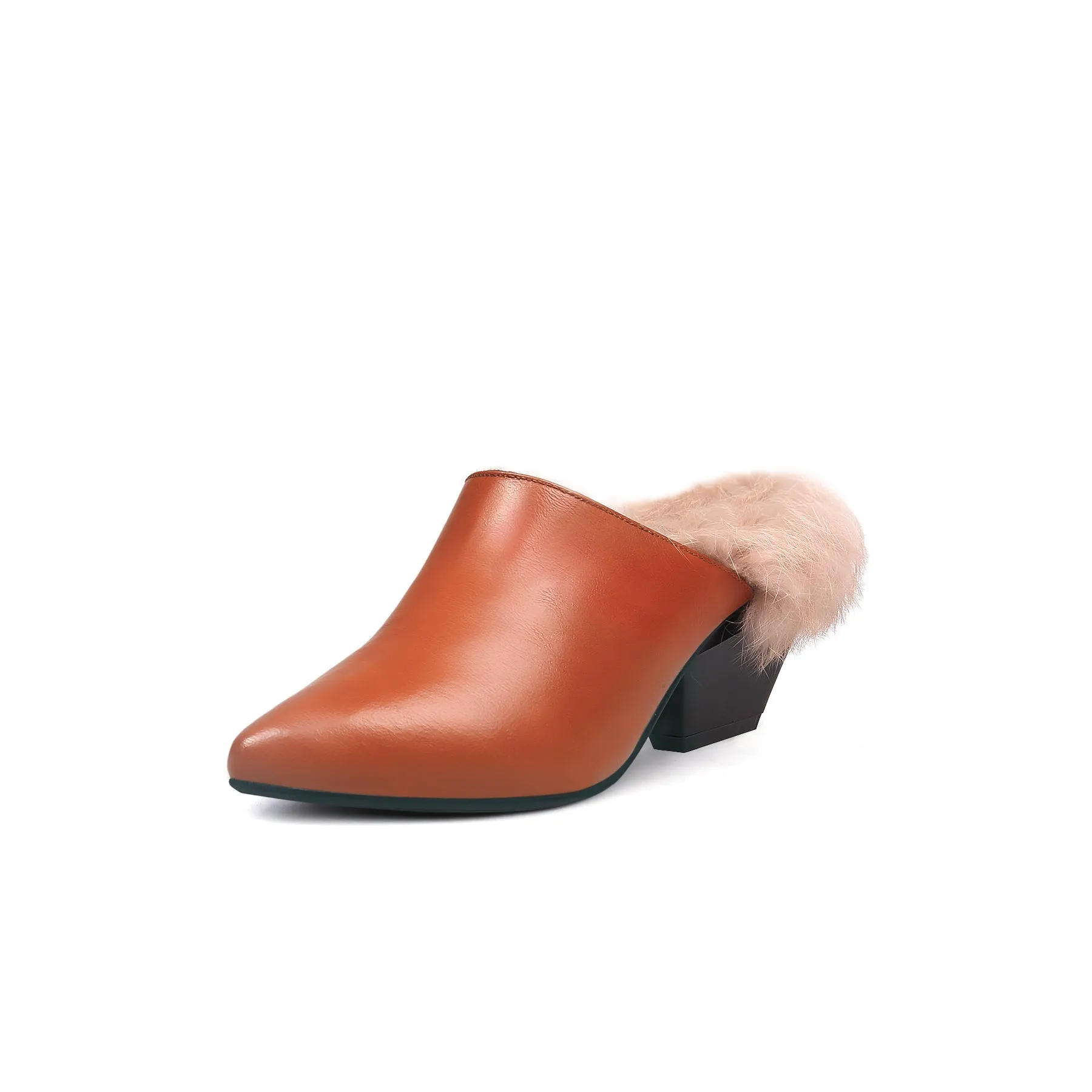 Faux Fur Lined Pointed Leather Mule - Brown