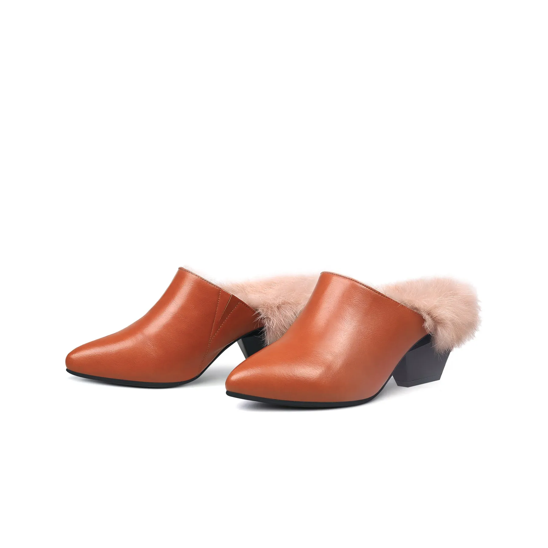 Faux Fur Lined Pointed Leather Mule - Brown