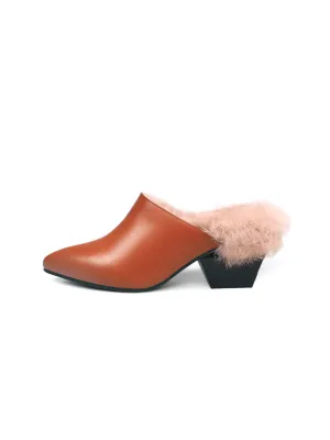 Faux Fur Lined Pointed Leather Mule - Brown