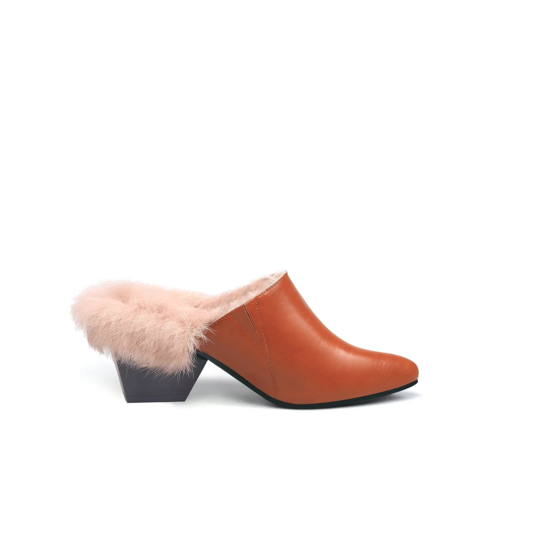 Faux Fur Lined Pointed Leather Mule - Brown