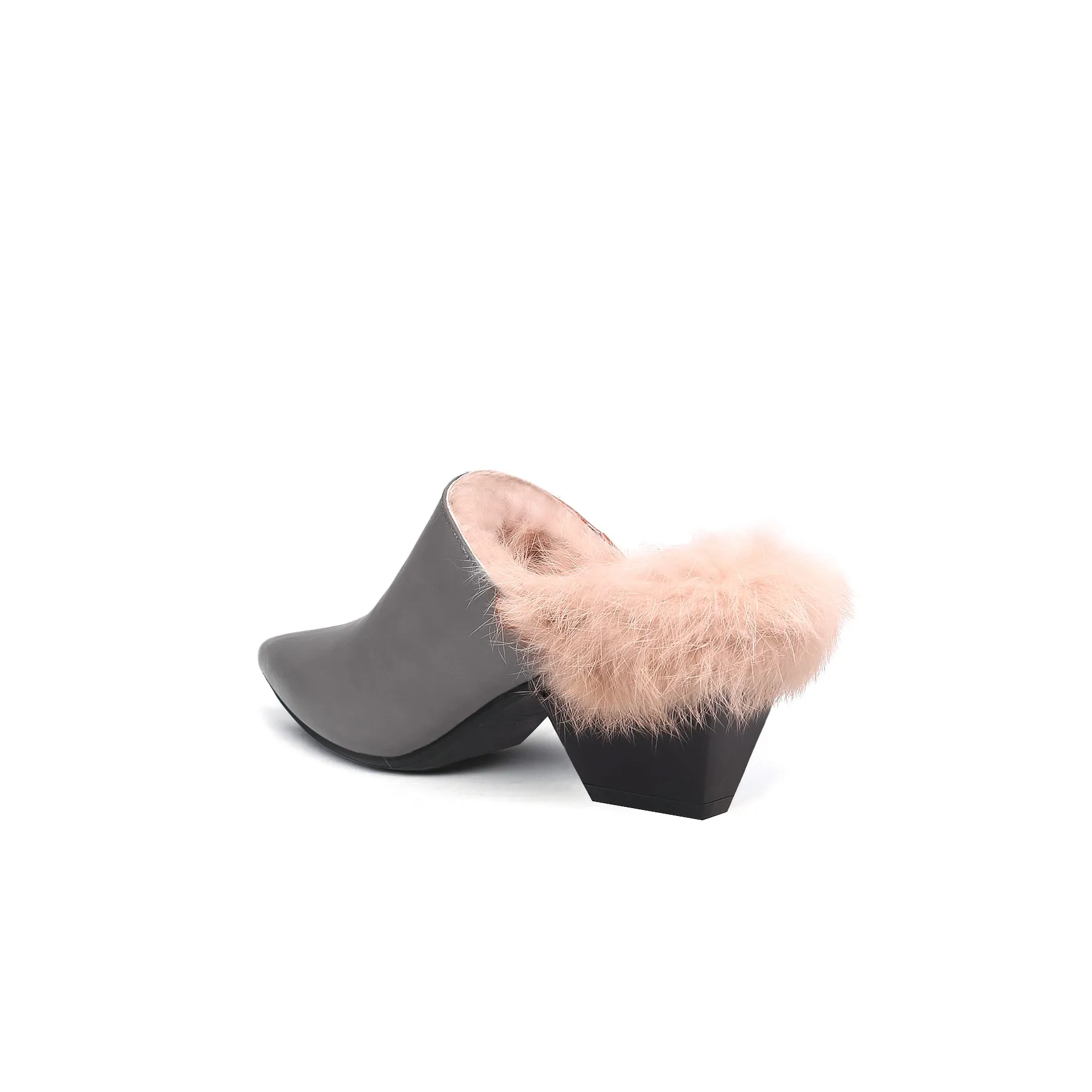 Faux Fur Lined Pointed Leather Mule - Grey