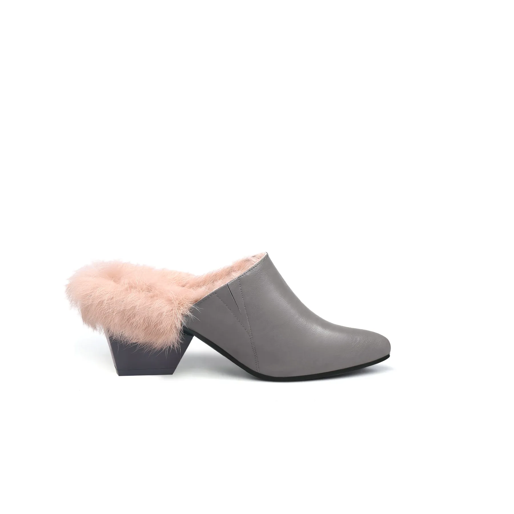 Faux Fur Lined Pointed Leather Mule - Grey