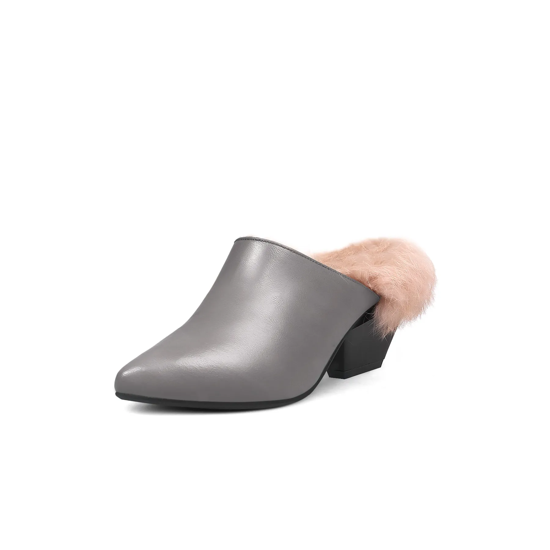 Faux Fur Lined Pointed Leather Mule - Grey