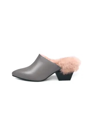 Faux Fur Lined Pointed Leather Mule - Grey