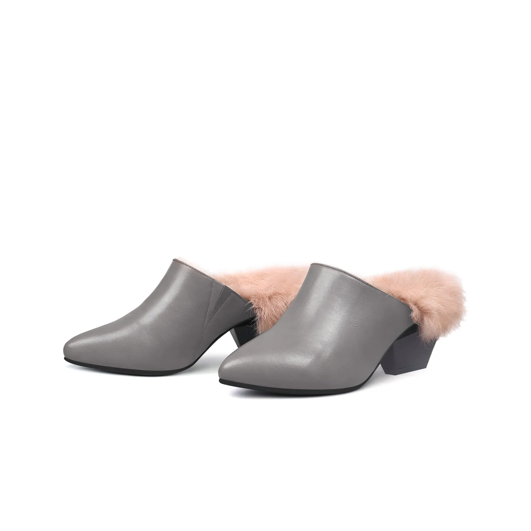 Faux Fur Lined Pointed Leather Mule - Grey