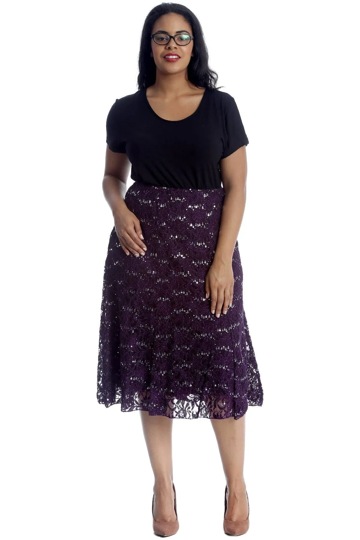 Floral Lace Lined Sequin Flared Midi Skirt