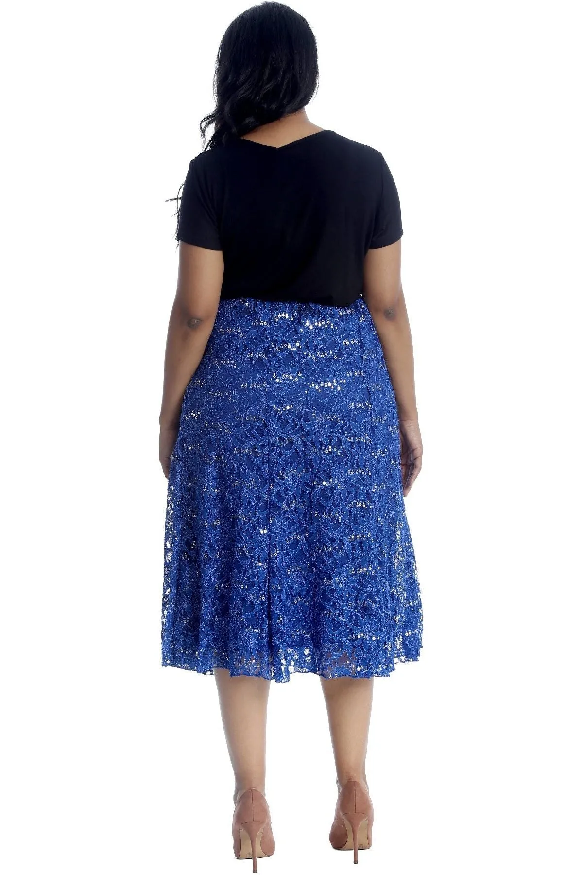 Floral Lace Lined Sequin Flared Midi Skirt