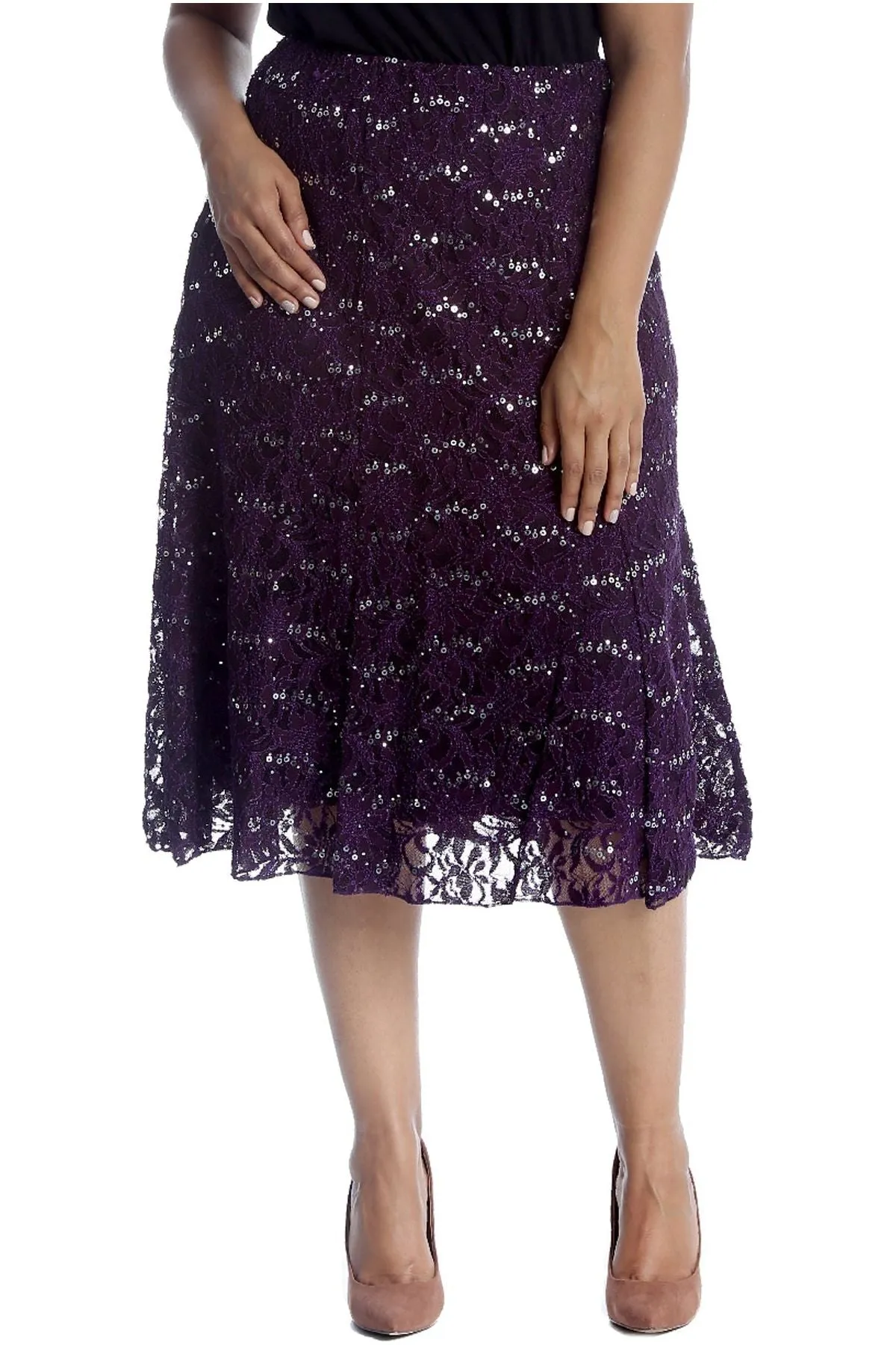 Floral Lace Lined Sequin Flared Midi Skirt
