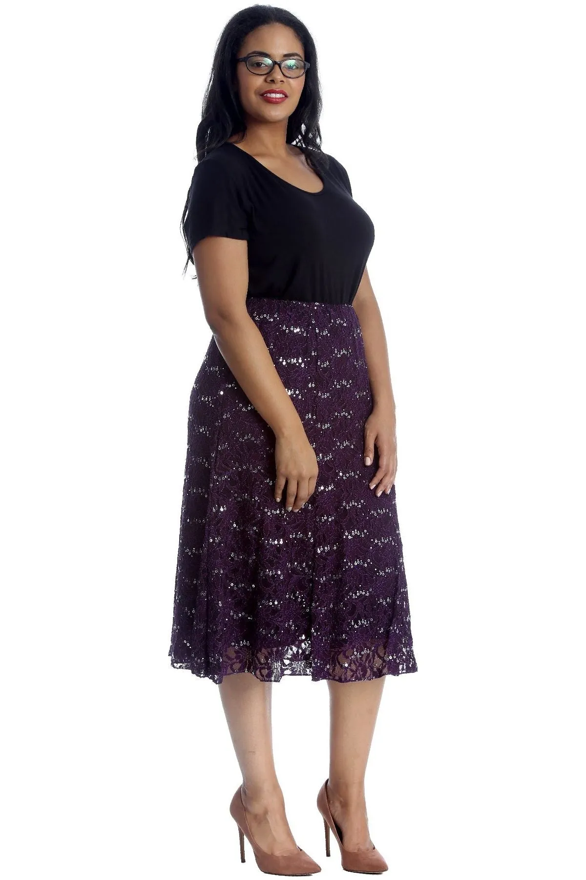 Floral Lace Lined Sequin Flared Midi Skirt