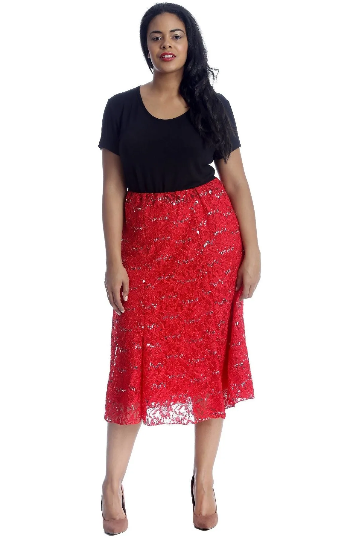 Floral Lace Lined Sequin Flared Midi Skirt