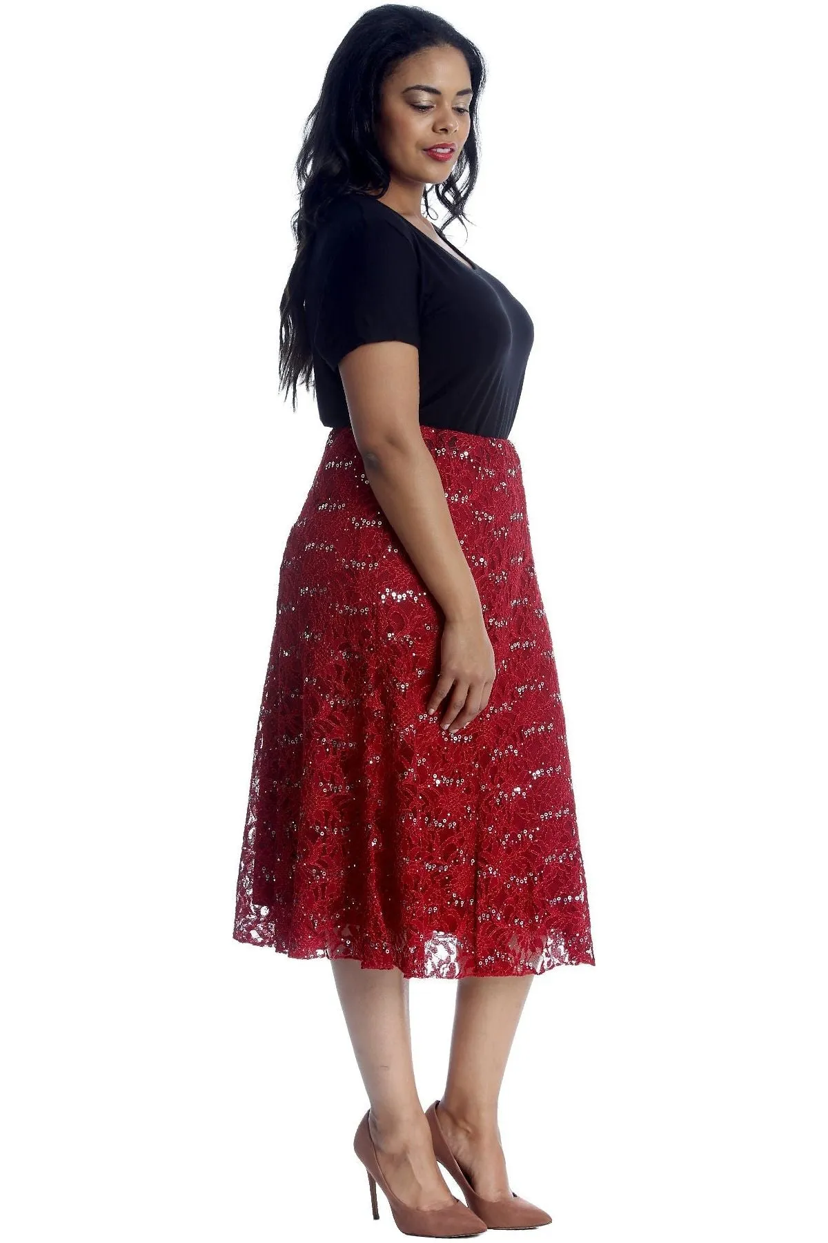 Floral Lace Lined Sequin Flared Midi Skirt