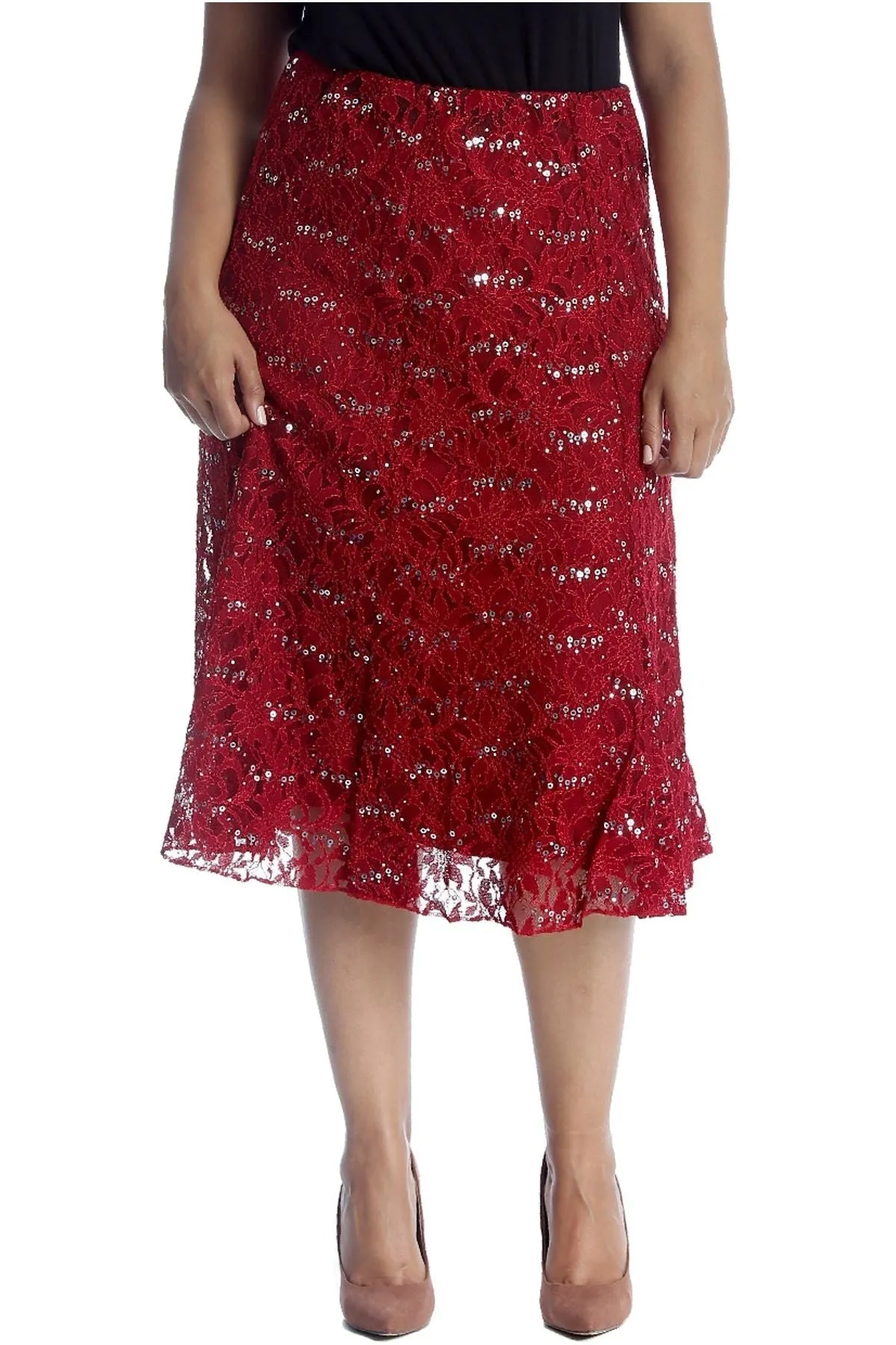 Floral Lace Lined Sequin Flared Midi Skirt