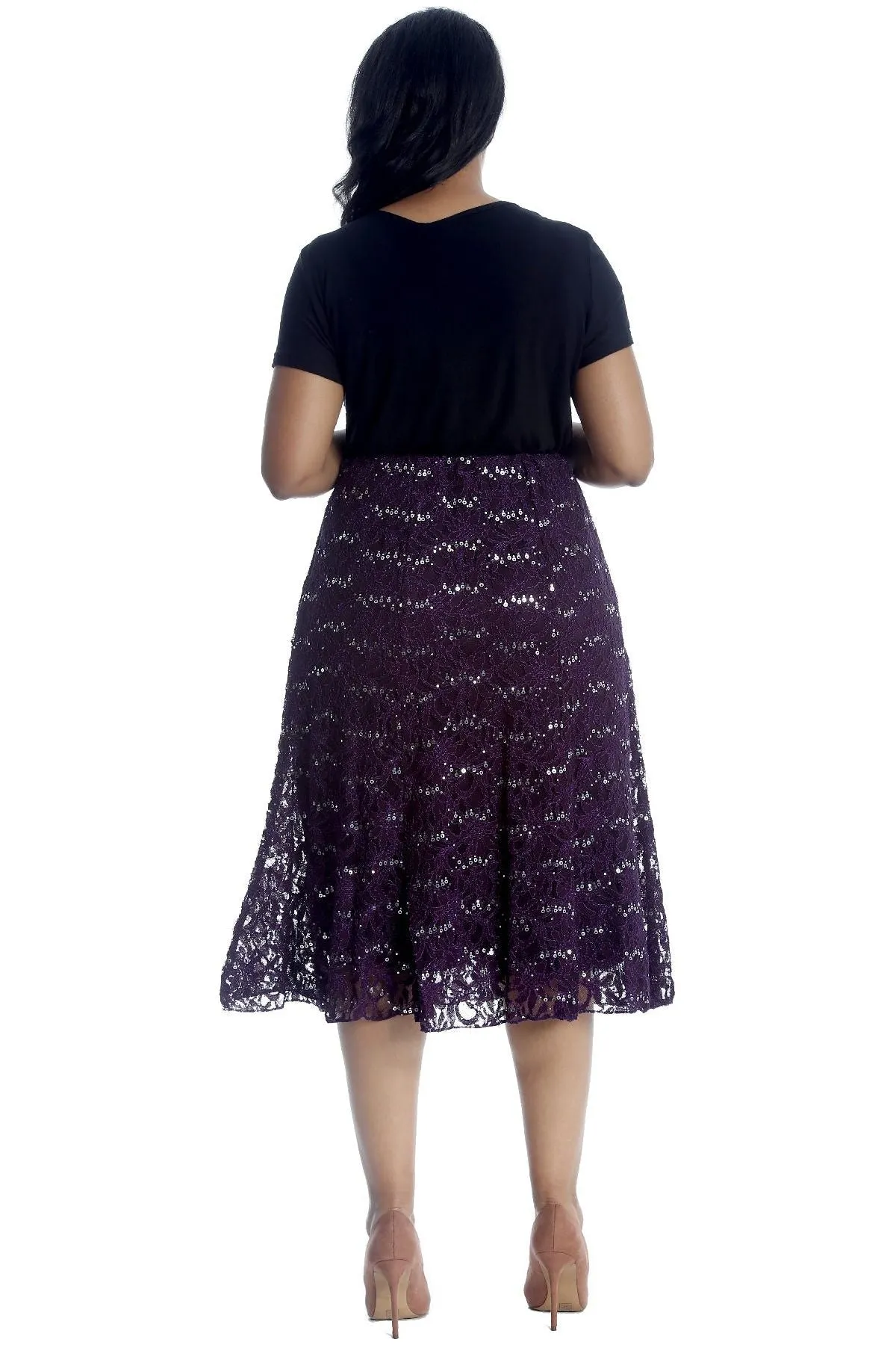 Floral Lace Lined Sequin Flared Midi Skirt