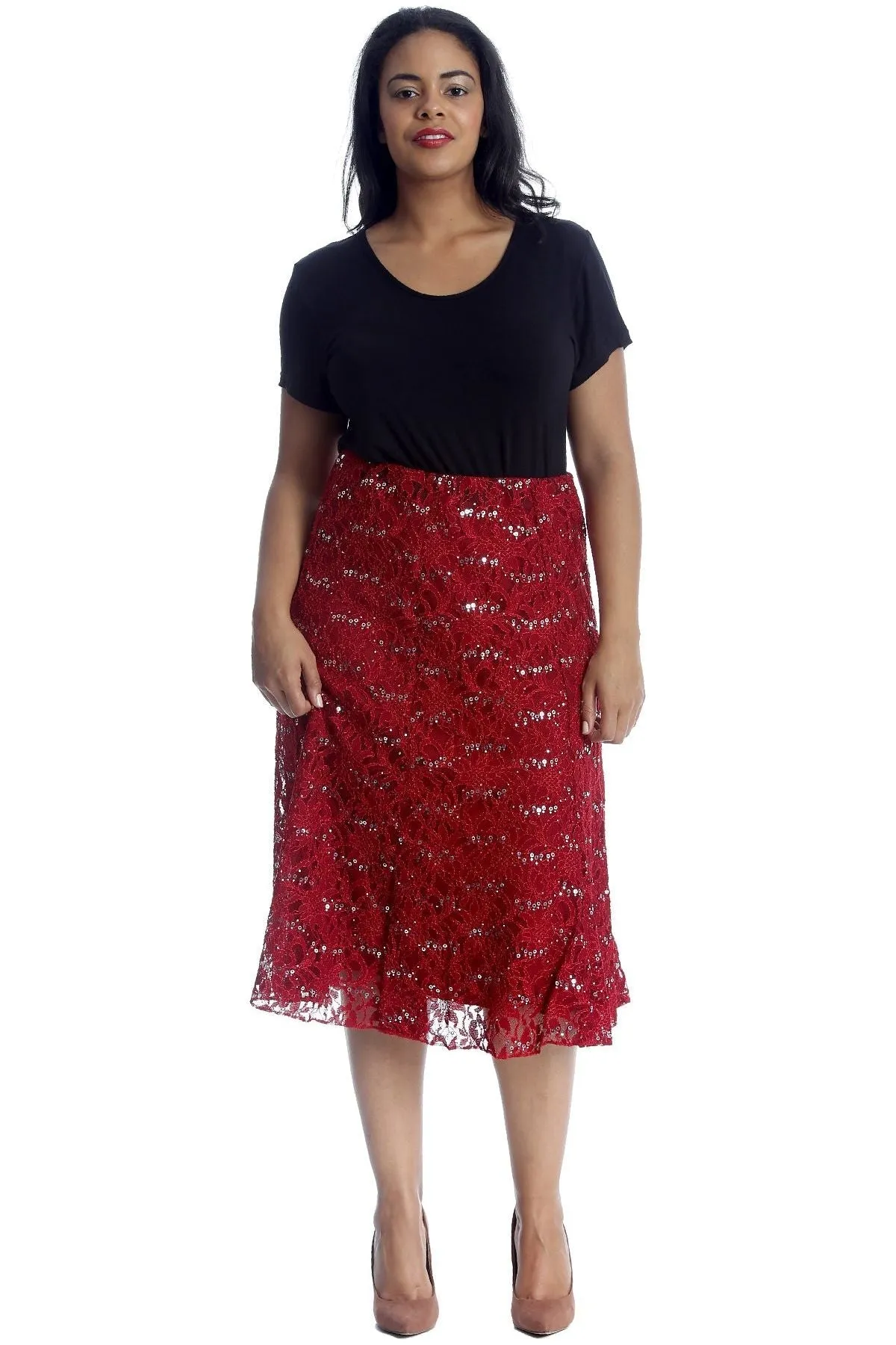 Floral Lace Lined Sequin Flared Midi Skirt