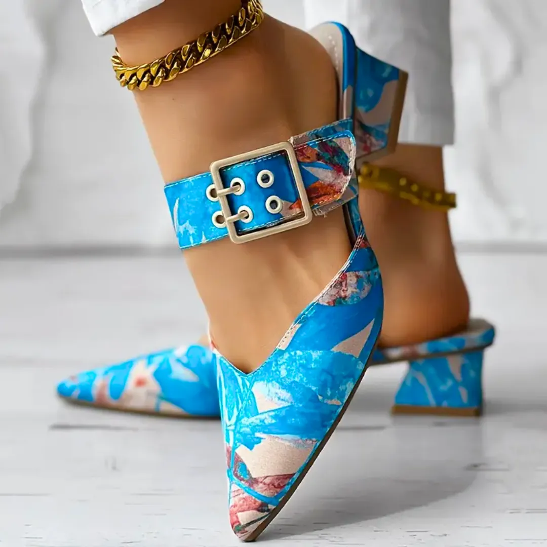 Floral Pointed-Toe Heels | Bold & Stylish | Adjustable Buckle