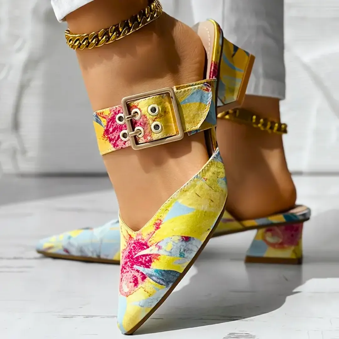 Floral Pointed-Toe Heels | Bold & Stylish | Adjustable Buckle