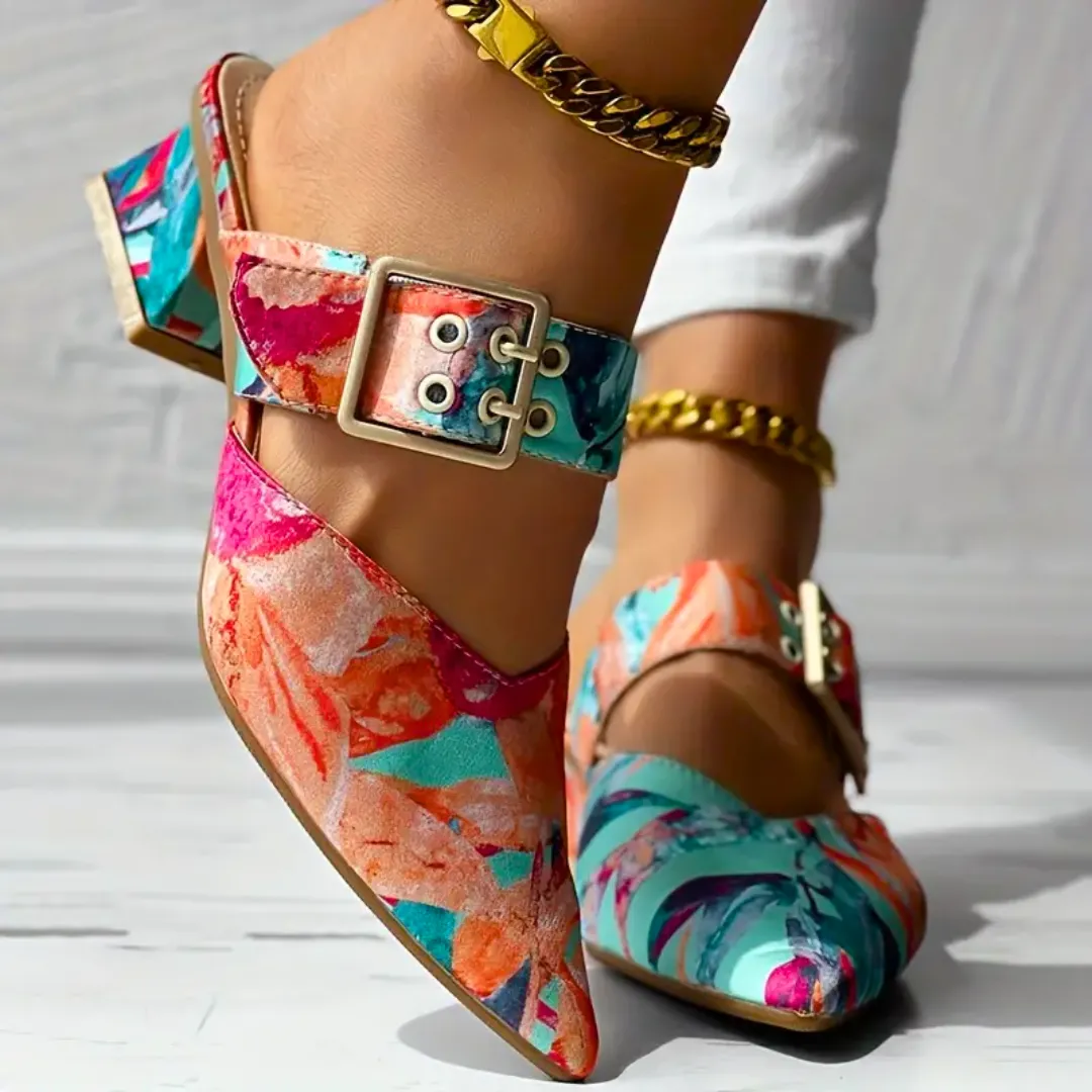 Floral Pointed-Toe Heels | Bold & Stylish | Adjustable Buckle