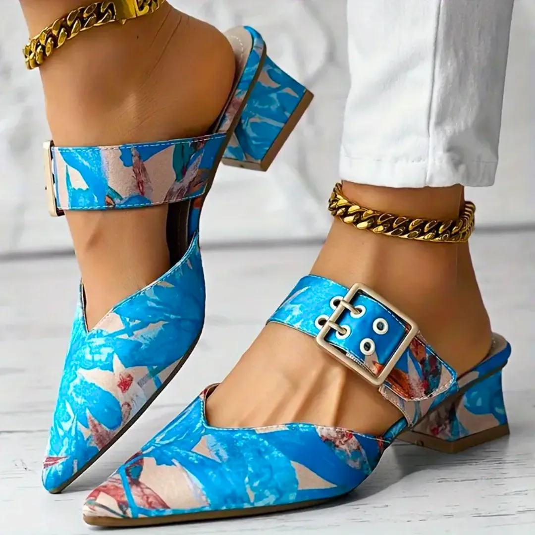 Floral Pointed-Toe Heels | Bold & Stylish | Adjustable Buckle