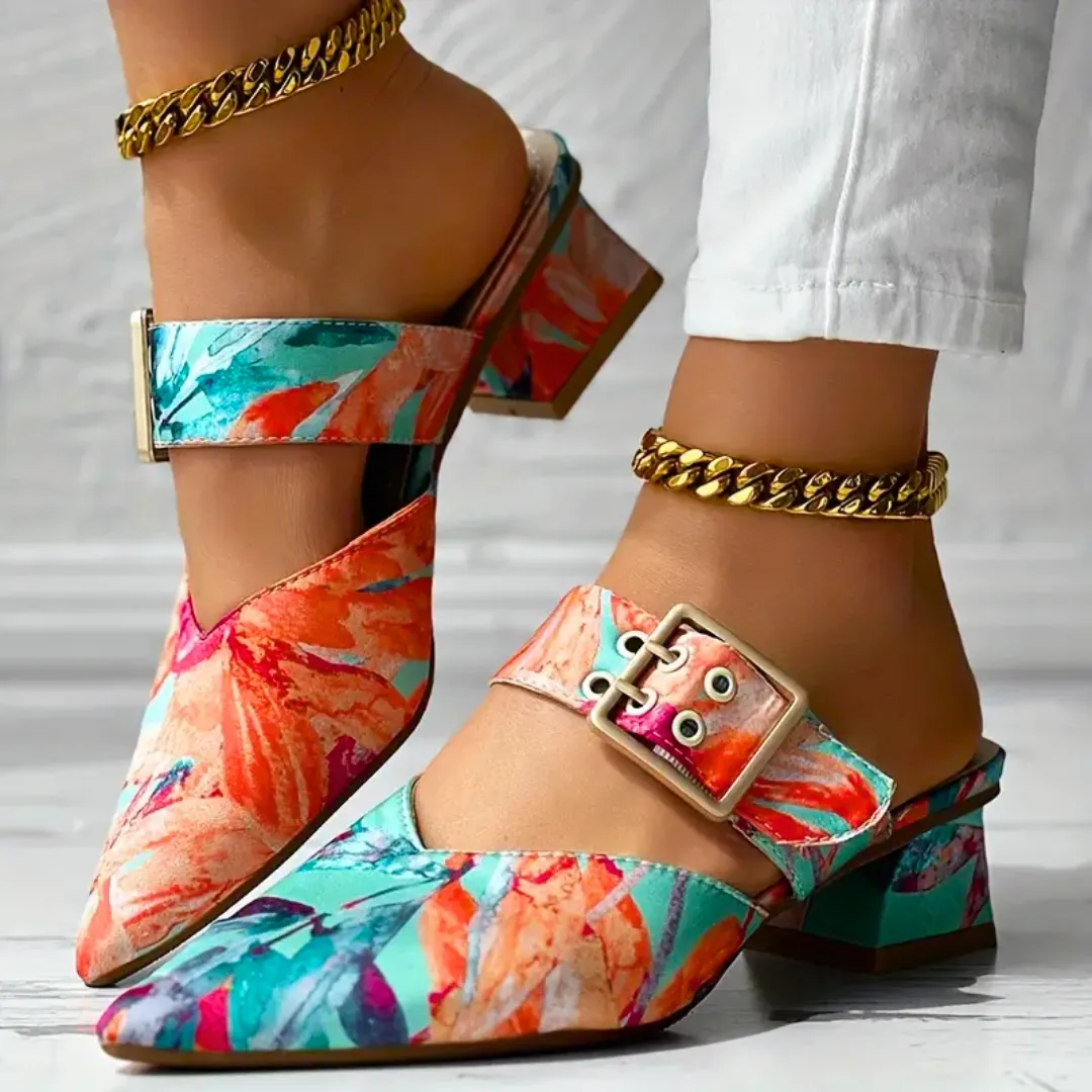 Floral Pointed-Toe Heels | Bold & Stylish | Adjustable Buckle