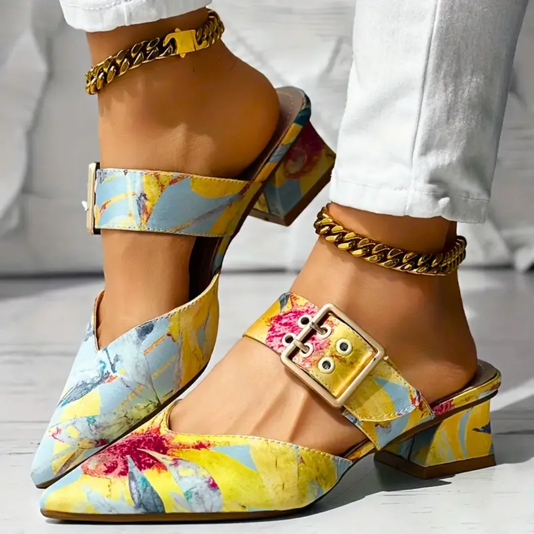 Floral Pointed-Toe Heels | Bold & Stylish | Adjustable Buckle