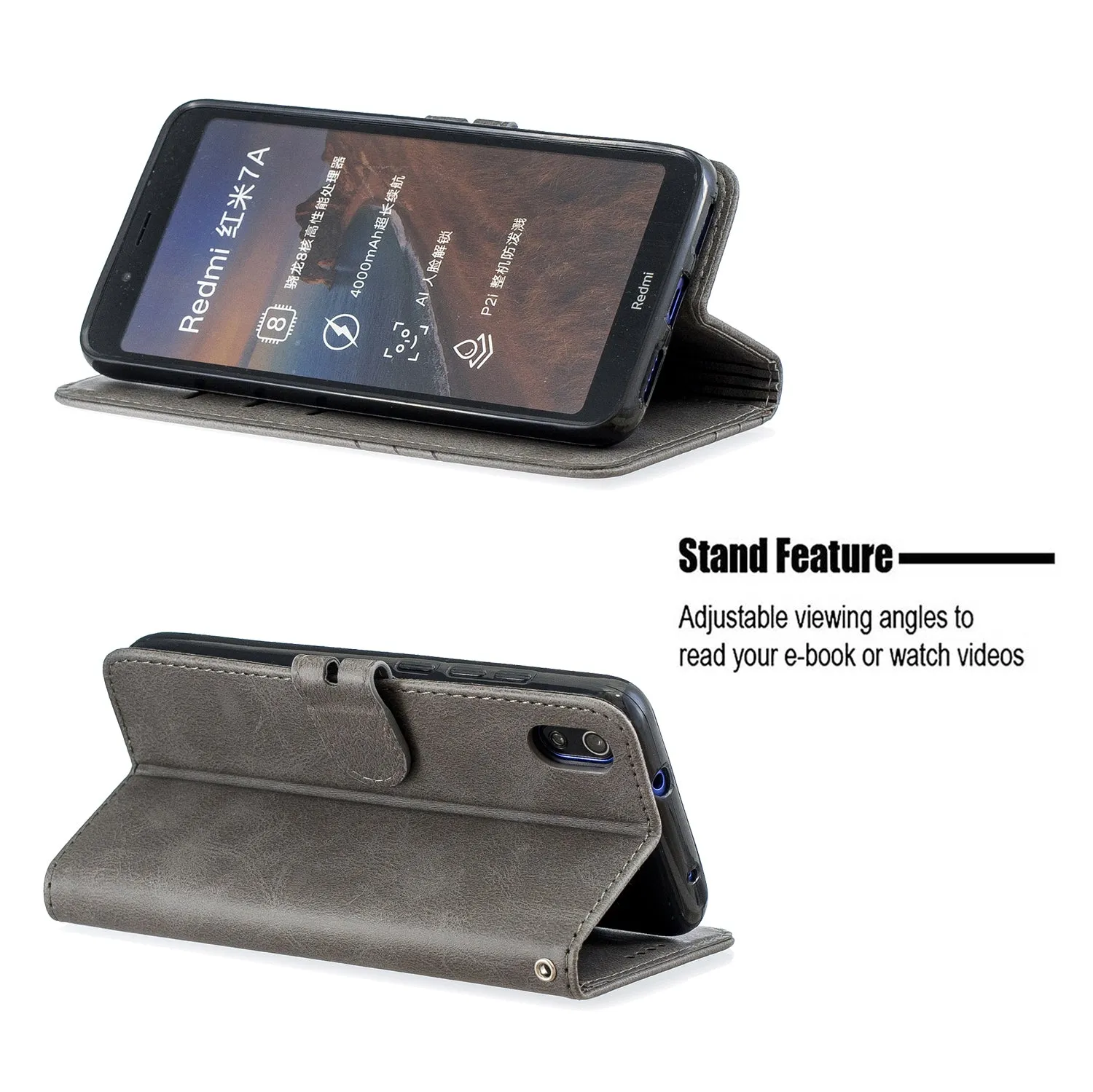 For Redmi 7A Denim Pattern Solid Color Flip Wallet PU Leather Protective Phone Case with Buckle & Bracket gray