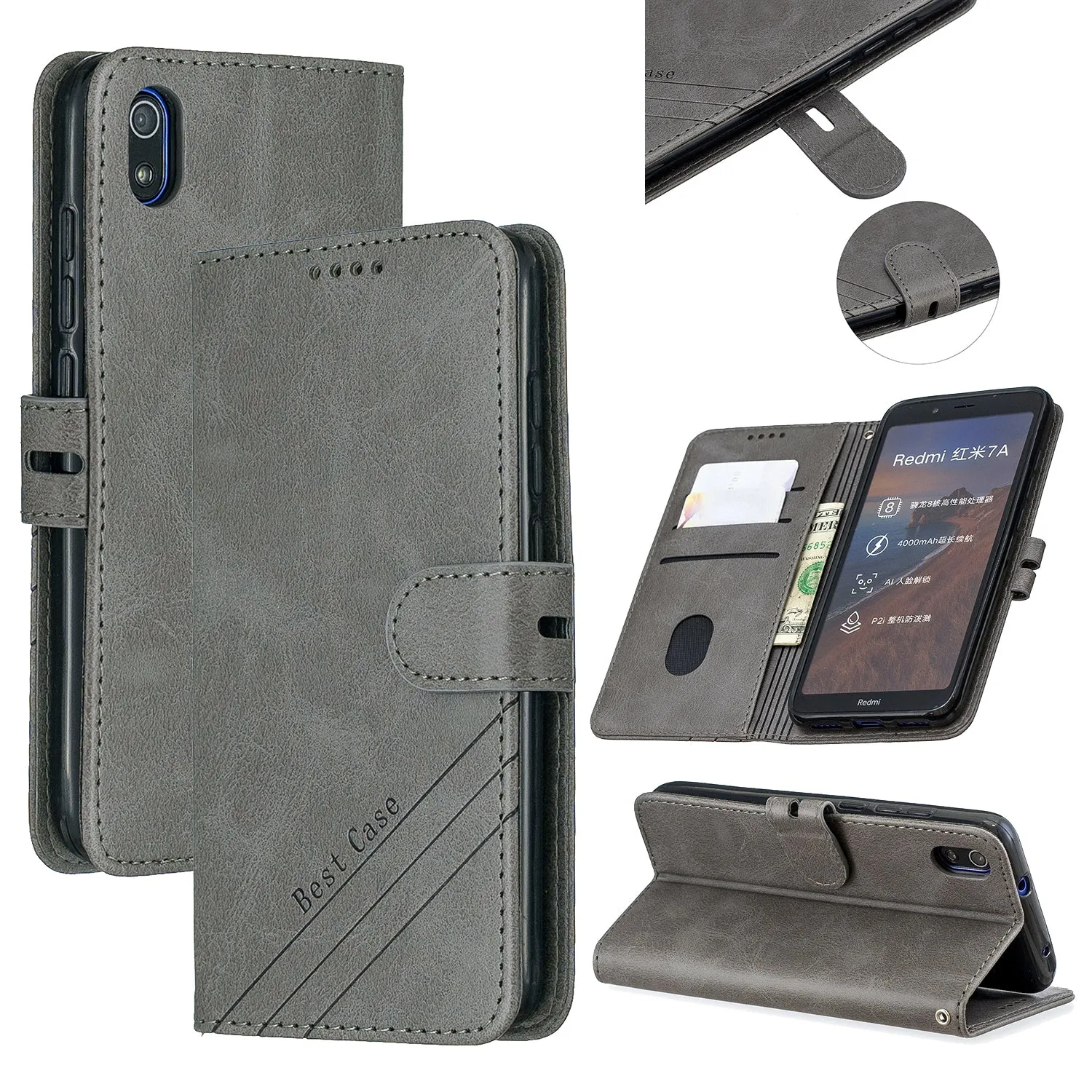 For Redmi 7A Denim Pattern Solid Color Flip Wallet PU Leather Protective Phone Case with Buckle & Bracket gray