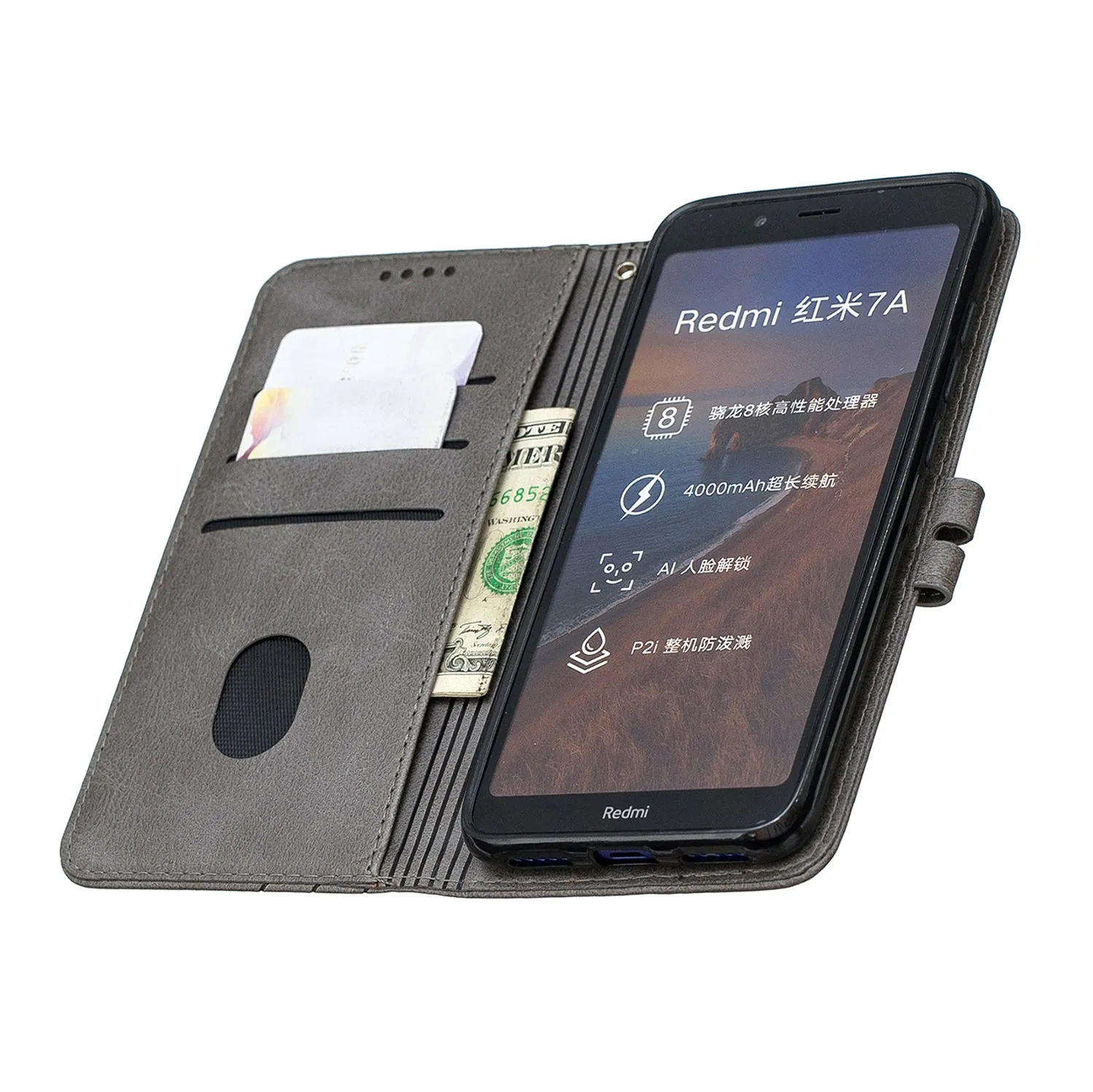 For Redmi 7A Denim Pattern Solid Color Flip Wallet PU Leather Protective Phone Case with Buckle & Bracket gray