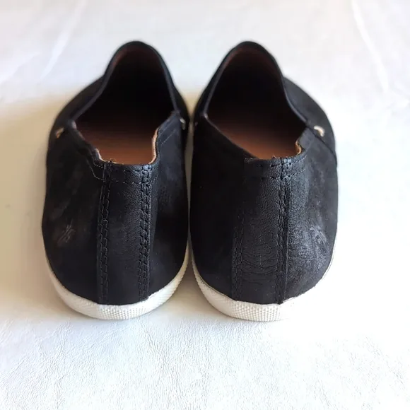 Frye Melanie Women's Black Suede Leather Slip On Flats White Soles Size 10