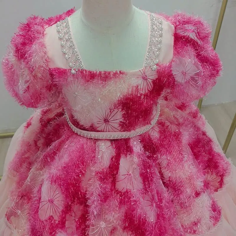 Girls Birthday Dress Fashionable Puff Sleeve Sequined Long Princess Dress Wedding Flower Girl Costume