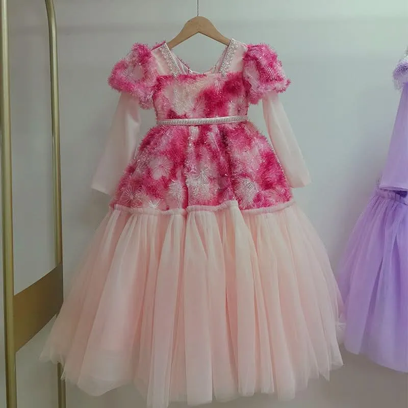 Girls Birthday Dress Fashionable Puff Sleeve Sequined Long Princess Dress Wedding Flower Girl Costume