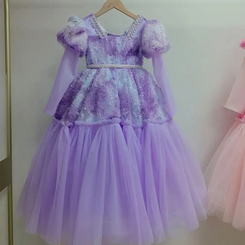 Girls Birthday Dress Fashionable Puff Sleeve Sequined Long Princess Dress Wedding Flower Girl Costume