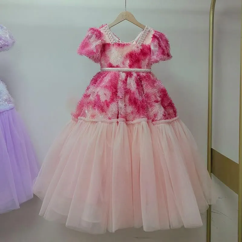 Girls Birthday Dress Fashionable Puff Sleeve Sequined Long Princess Dress Wedding Flower Girl Costume