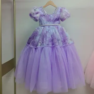 Girls Birthday Dress Fashionable Puff Sleeve Sequined Long Princess Dress Wedding Flower Girl Costume