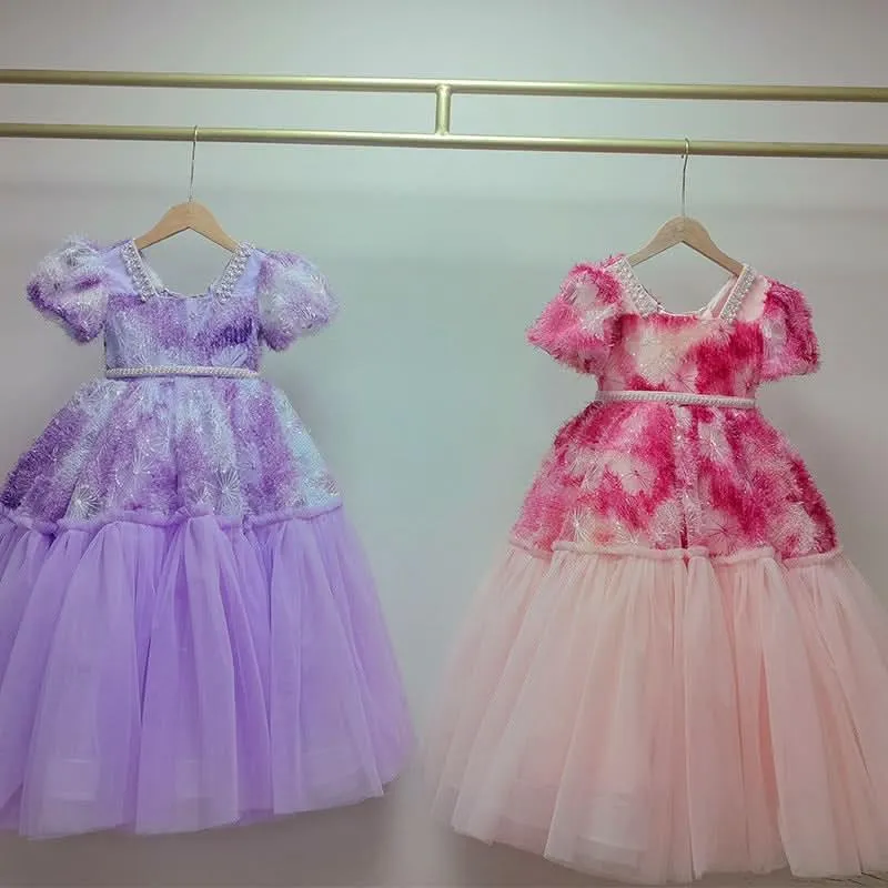 Girls Birthday Dress Fashionable Puff Sleeve Sequined Long Princess Dress Wedding Flower Girl Costume