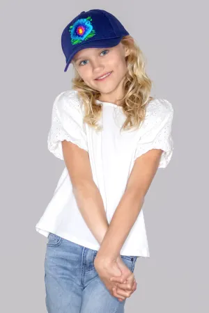 Girls Navy Folk Flower Baseball Hat